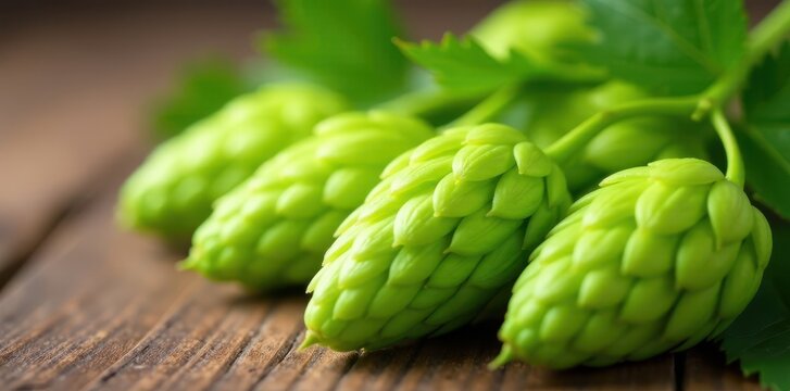 Close-up of fresh green hop cones on a wooden surface, hops, garden, beer