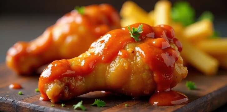 Close-up of juicy boneless chicken wing coated in thick layer of tangy buffalo BBQ sauce, BBQ, wing, boneless