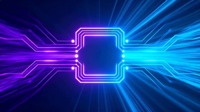 Symmetrical purple and blue glowing circuit board pattern with neon lines on dark background