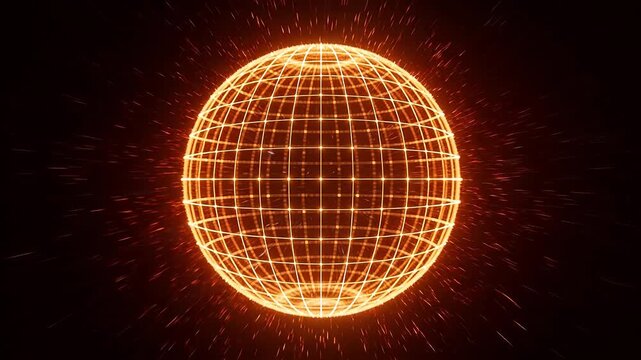 Glowing golden spherical wireframe grid floating in dark background