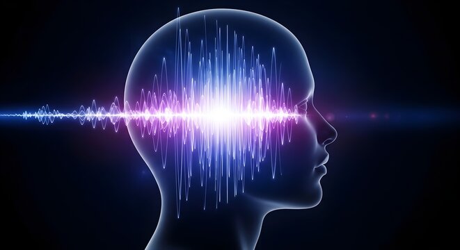 Dynamic brainwave energy illuminating the human consciousness, an abstract portrayal of intelligence and neural activity with powerful light frequencies