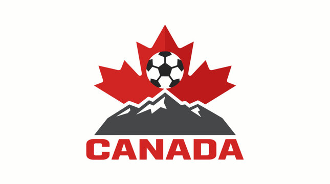 Soccer ball on Canadian mountain landscape with maple leaf symbol
