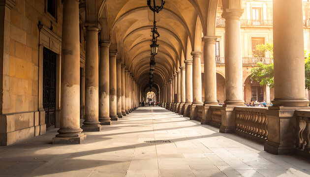 Grand stone colonnade hallway in warm sunlight, architectural perspective with arched ceiling and ornate columns, evoking historical ambiance and travel inspiration