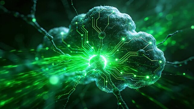 Microscopic neural structure with glowing circuitry lines and nodes in dark environment
