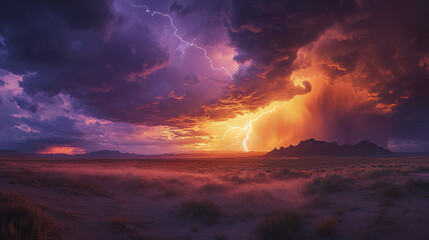 Fototapeta premium Thunderstorm over desert landscape with dramatic lightning bolts striking near mountain range under dark purple and orange storm clouds creating intense atmosphere