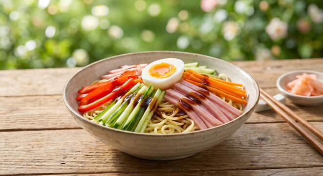 A vibrant bowl of chilled Hiyashi Chuka noodles topped with julienned vegetables, ham, and a soft-boiled egg on a wooden table.