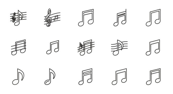 Collection of minimalist black outline musical note icons featuring treble clefs, eighth notes, and sixteenth notes on a white background with thin hand-drawn stroke style.