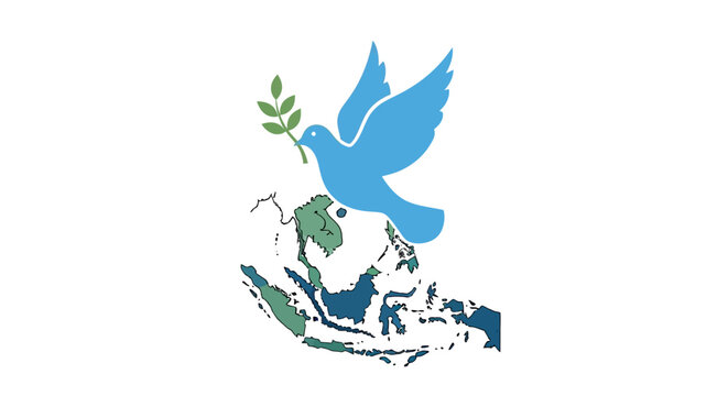 Blue Dove Flying with Olive Branch over ASEAN Map Vector Illustration for Southeast Asia Peace and Harmony