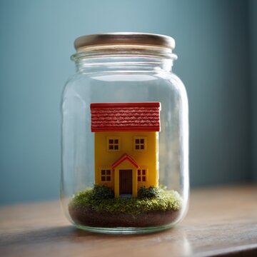 Small Yellow House In Glass Jar With Soil And Plants