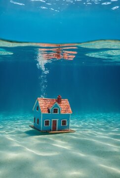 Toy House Sinking Beneath Water Surface Underwater Mortgage
