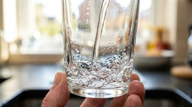 Hand Holding Clear Glass of Water with Ice Cubes in Kitchen