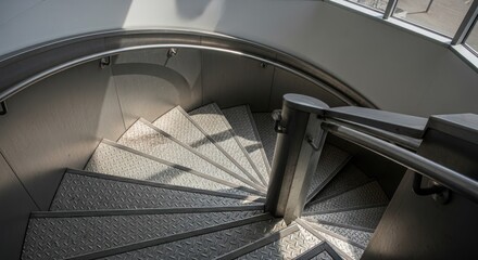 Fototapeta premium Modern Spiral Staircase with Natural Light and Shadow Play.
