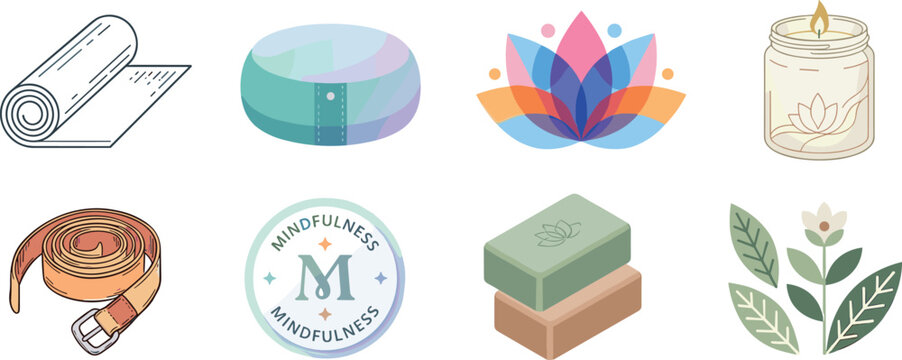 Yoga and meditation equipment collection featuring rolled mat cushion blocks strap lotus flower candle and mindfulness badge icons for wellness.