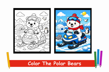 Fototapeta premium Cute polar bear coloring page with winter adventure theme, perfect for preschool education and fun coloring activities.