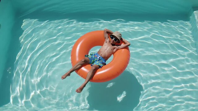 Young boy relaxing on an orange inflatable ring in a swimming pool, wearing colorful swim trunks and a straw hat, enjoying a sunny day