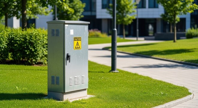 Outdoor electrical utility box in a green urban park setting.