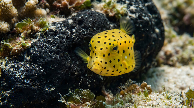 Charming macro portrait of a tiny yellow boxfish hiding near black volcanic reef rock