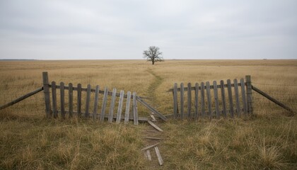 Obraz premium Desolate rural field with broken wooden fence and lone tree on horizon under overcast sky.