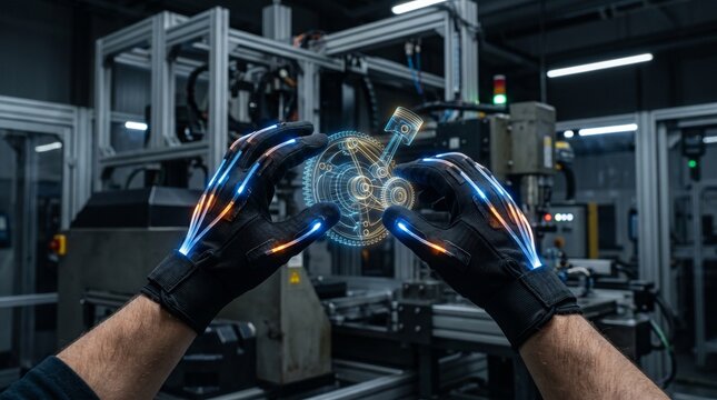 Ingeniero interactuando con motor hologr&aacute;fico de alta tecnolog&iacute;a