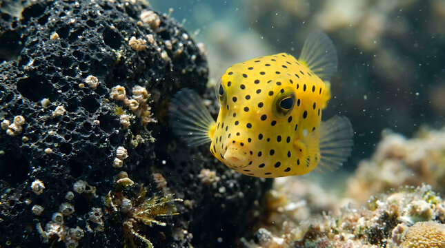 Front view macro portrait of a bright yellow boxfish fish underwater