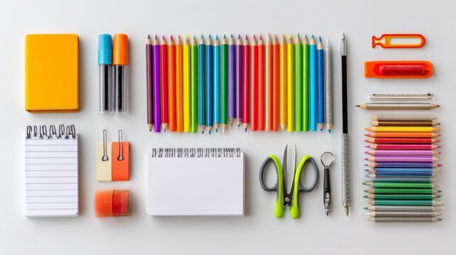 School supplies collection isolated on white background featuring notebooks, pencils, rulers, markers, scissors and essential educational stationery, back to school learning concept with organized cla