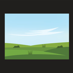 Fototapeta premium Minimalist green hills landscape vector background with blue sky and clouds