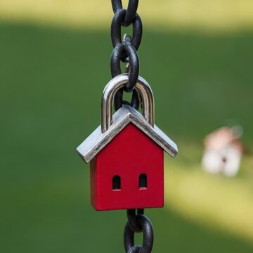 Miniature House Padlock Secure On Chain Against Green Background
