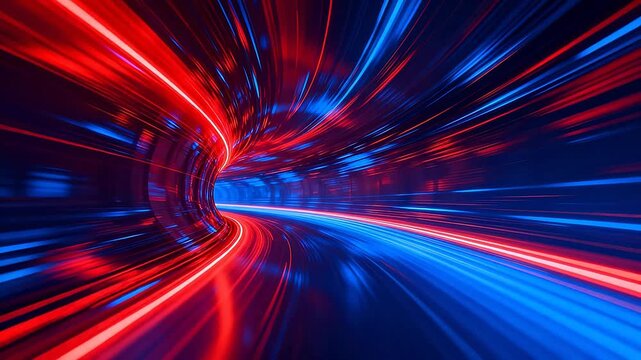 Red and blue curved light tunnel with radial lines extending to distance creating high speed motion