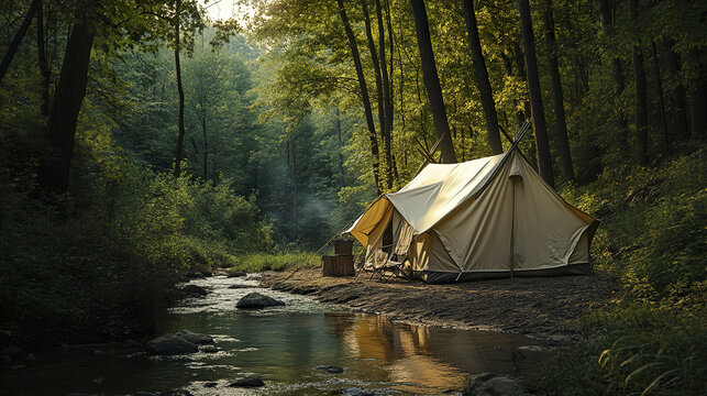 Weathered canvas tent pitched near babbling brook in dense forest with sunlight filtering through tall trees, creating peaceful and serene outdoor camping scene