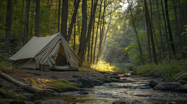 Weathered canvas tent pitched near babbling brook in dense forest with sunlight filtering through tall trees, creating peaceful and serene outdoor camping scene