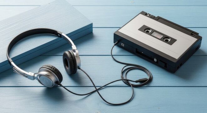 Vintage Cassette Player and Headphones on a Blue Wooden Table.