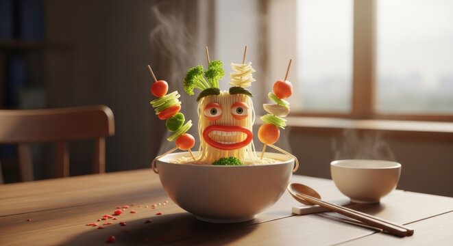 Whimsical Vegetable Character Soup with Skewered Veggies.