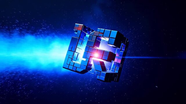3D cube number three shattering with red and blue particle fragments on black