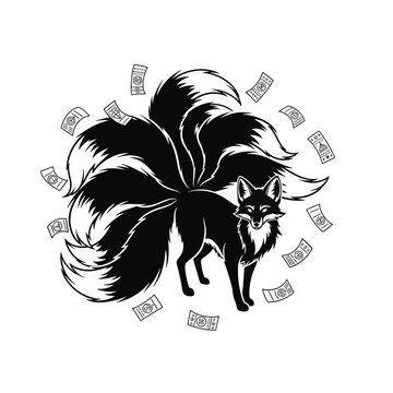 Black and white vector illustration of a mythical nine-tailed fox kitsune surrounded by floating Japanese paper talismans ofuda on a white background isolated graphic.