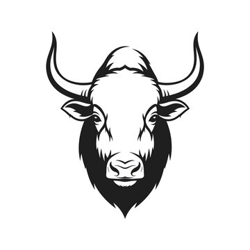 Black and white vector silhouette illustration of a yak head featuring curved horns and thick fur, front-facing wild animal portrait isolated on a white background for design.