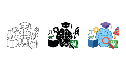 Scientific discovery and academic achievement icon set with brain rocket ship and lab equipment in outline solid and colorful flat vector styles for innovation and STEM education learning platforms © saijid