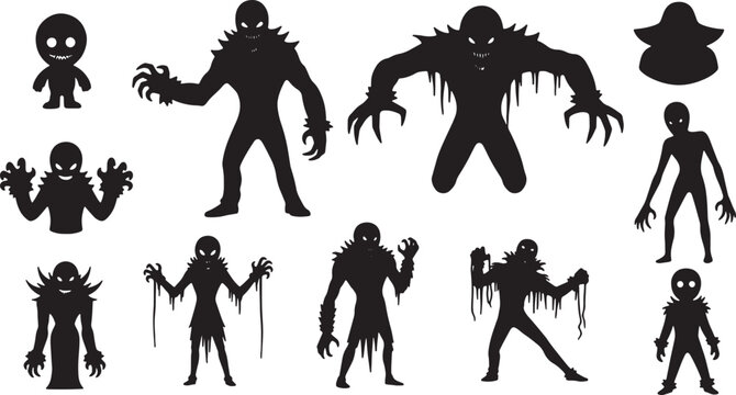 Collection of black monster silhouettes and scary creature icons isolated on white background. Features demonic figures, undead ghouls, zombies, and spooky entities with sharp claws and teeth.