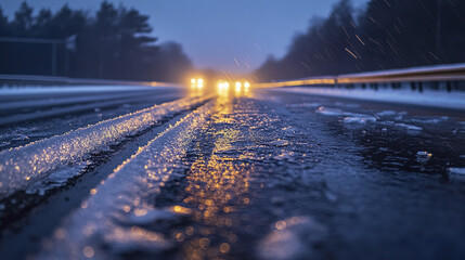 Fototapeta premium Black ice forming on highway after freezing rain creates slippery and dangerous road surface at dusk with car headlights glowing in distance, highlighting icy texture and wet conditions