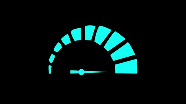 Glowing speedometer gauge increasing speed, digital futuristic dashboard performance indicator