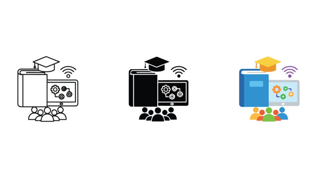 Book computer and people icons with graduation cap and wifi signal representing online learning
