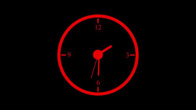 Digital red clock ticking fast on black background showing passage of time in loops
