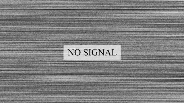 Static monochrome television screen displays no signal message with horizontal lines and noise