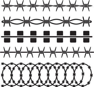 Set of five barbed wire fences, security barrier elements, sharp razor wire borders collection.