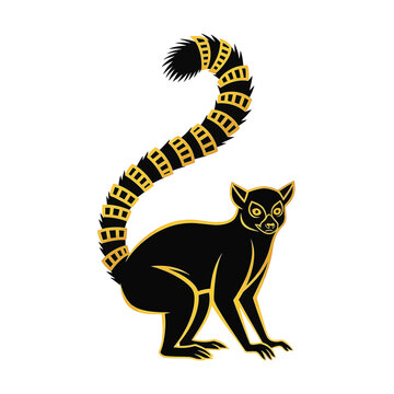 Stylized vector illustration of a regal ring-tailed lemur silhouette with black fill and gold metallic outlines, featuring a long banded curved tail, isolated on white background.