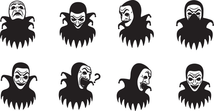Set of eight black and white jester silhouettes featuring diverse theatrical mask expressions, including sad, sinister, and laughing poses, isolated on a clean white background.