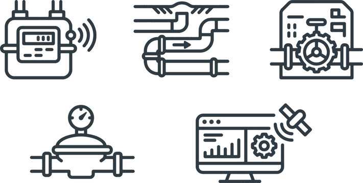 Smart utility metering, water pipeline, and industrial control system icons set