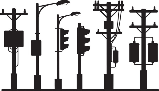Set of silhouettes of utility poles, streetlights, and traffic lights urban infrastructure collection.