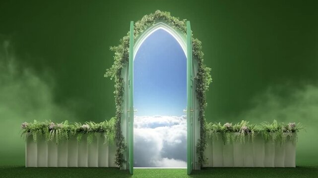 Ethereal Green Archway Portal Opening to a Bright Blue Sky with Clouds.