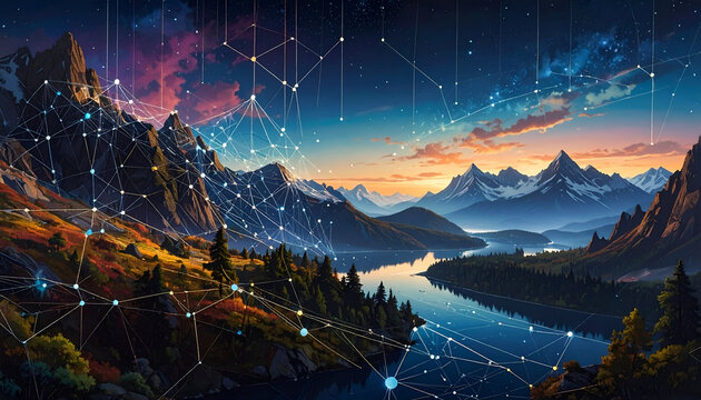 Digital network overlays a mountain vista at dawn with a lake and colorful sky