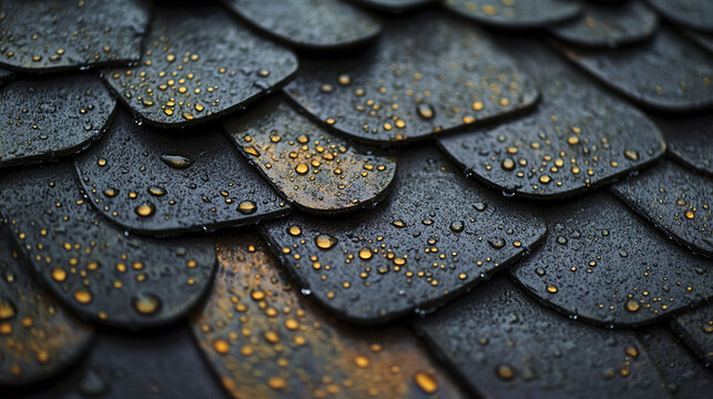 Rain soaked aged shingles with peeling texture and golden water droplets create moody close up of weathered roof surface with detailed wet pattern and rustic charm